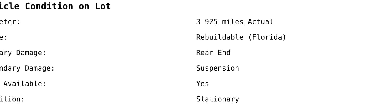 Vehicle condition on lot: odometer 3,925 miles actual, rebuildable Florida title, primary damage rear end, secondary damage suspension, keys available, condition stationary.