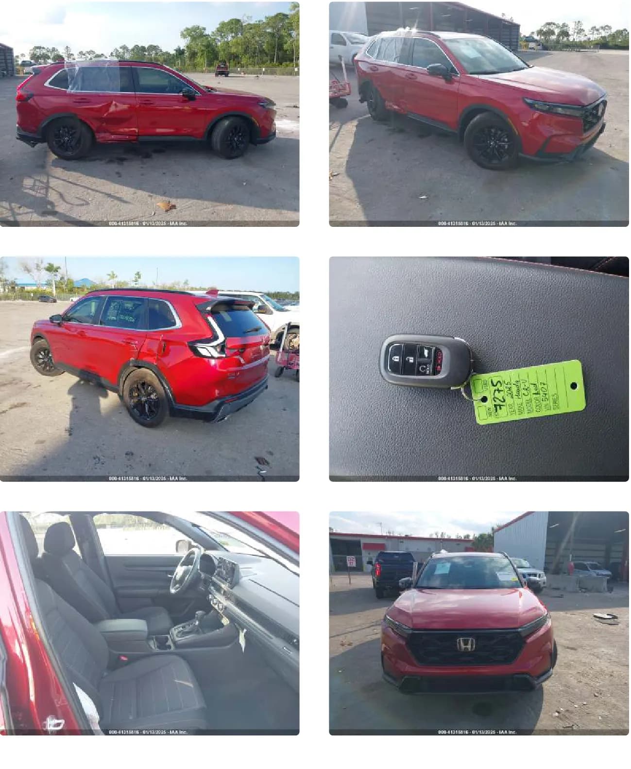 Six auction lot photographs of a red 2025 Honda CR-V Hybrid showing impact damage along the passenger side, the undamaged driver side, the rear quarter, the keys with a lot tag, the front seats and the front of the vehicle.