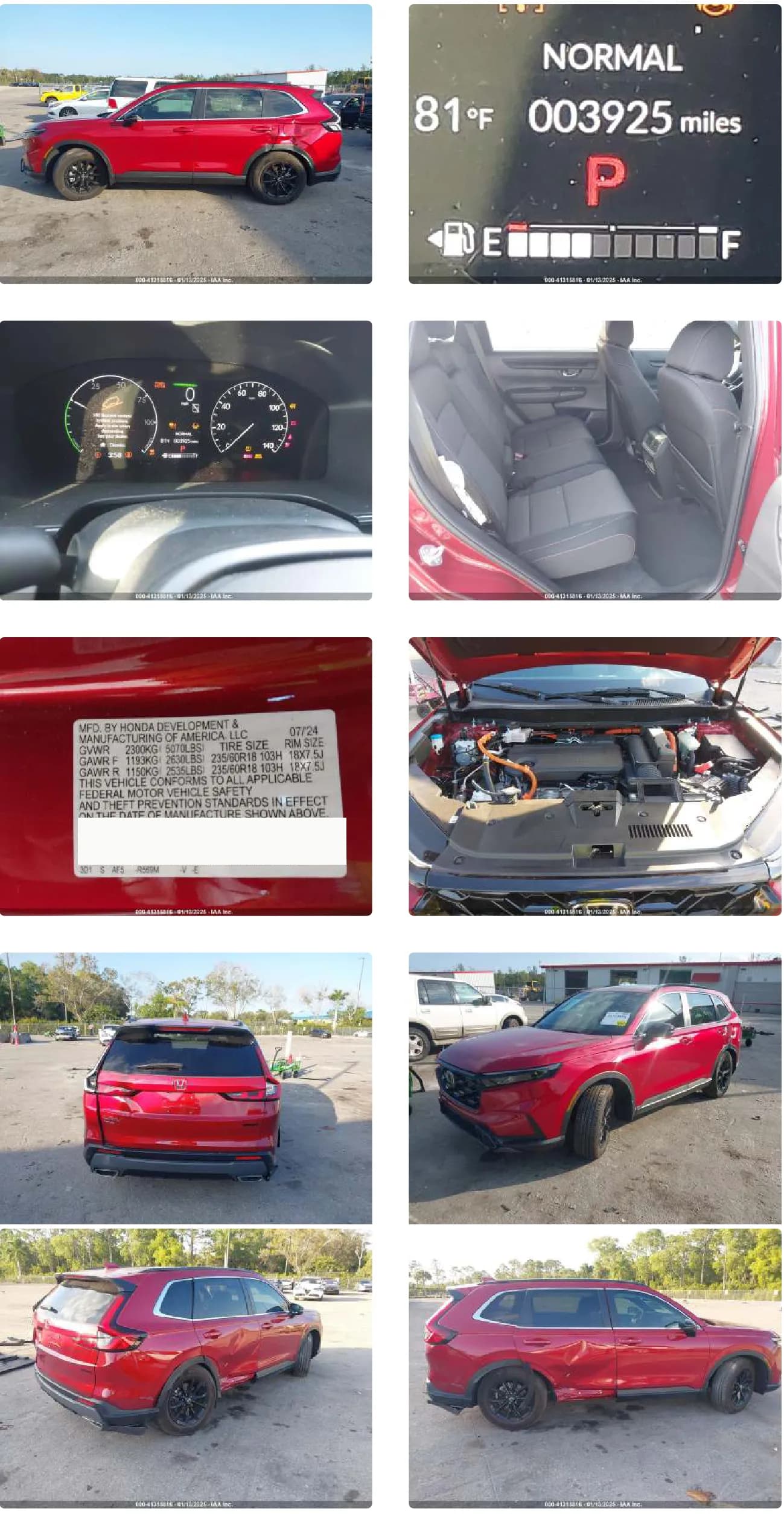 Auction detail photographs: the side profile, an odometer reading 3,925 miles, the instrument cluster, rear seats, the manufacturer compliance plate with the VIN and barcode blanked out, the engine bay, and rear and front-quarter views.