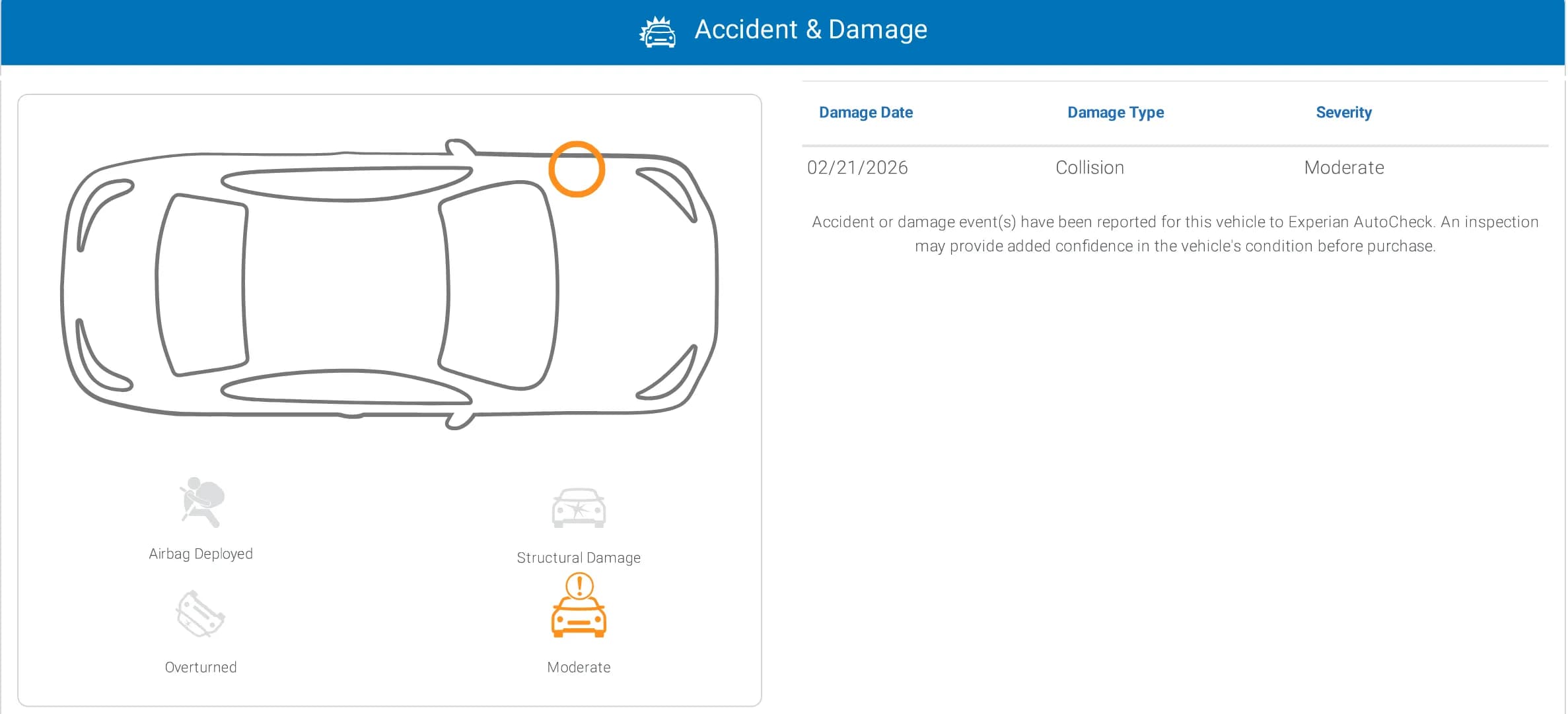 AutoCheck Accident and Damage section with a diagram marking a left front impact and a table listing a moderate collision on 21 February 2026.