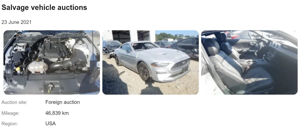 Salvage auction record from June 2021 with three photographs of a silver Ford Mustang, 46,839 km, sold in the USA.