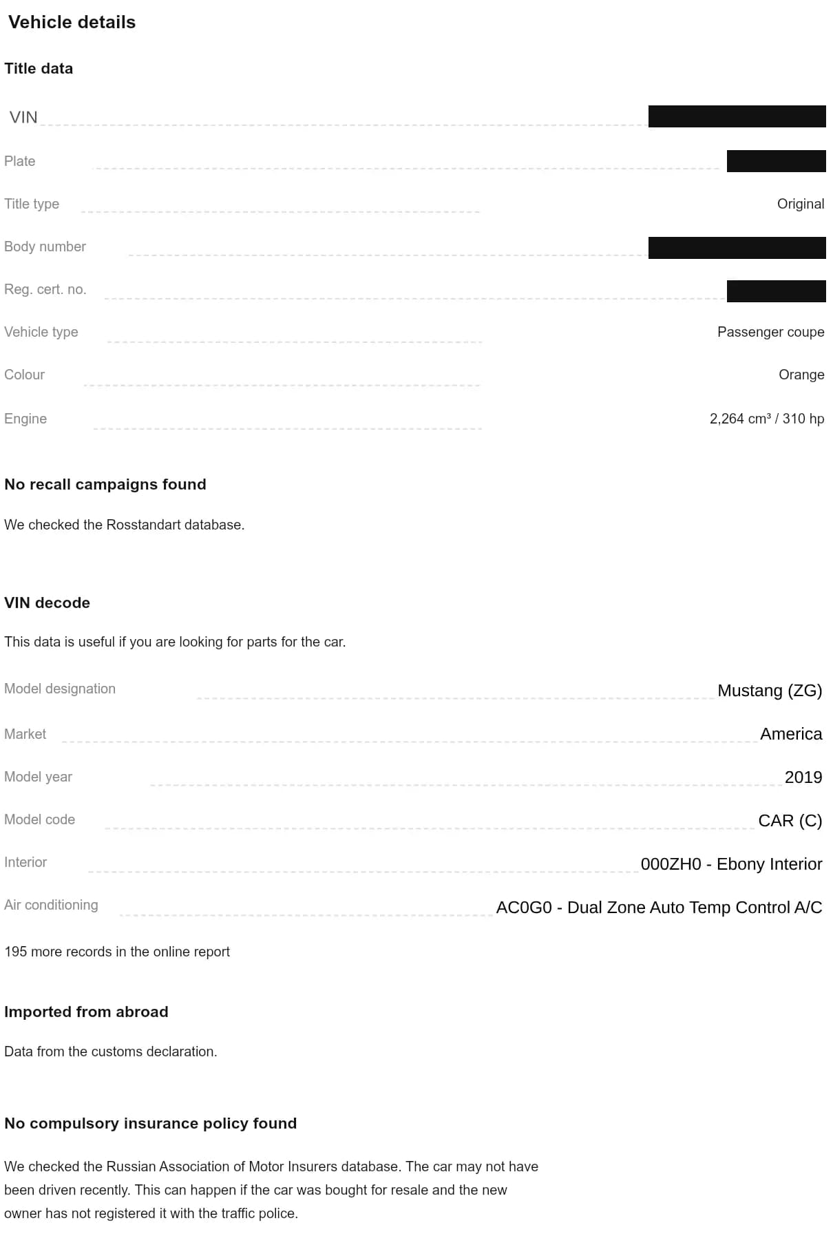 Vehicle details section listing registration document data and a VIN decode, with identifying numbers masked.
