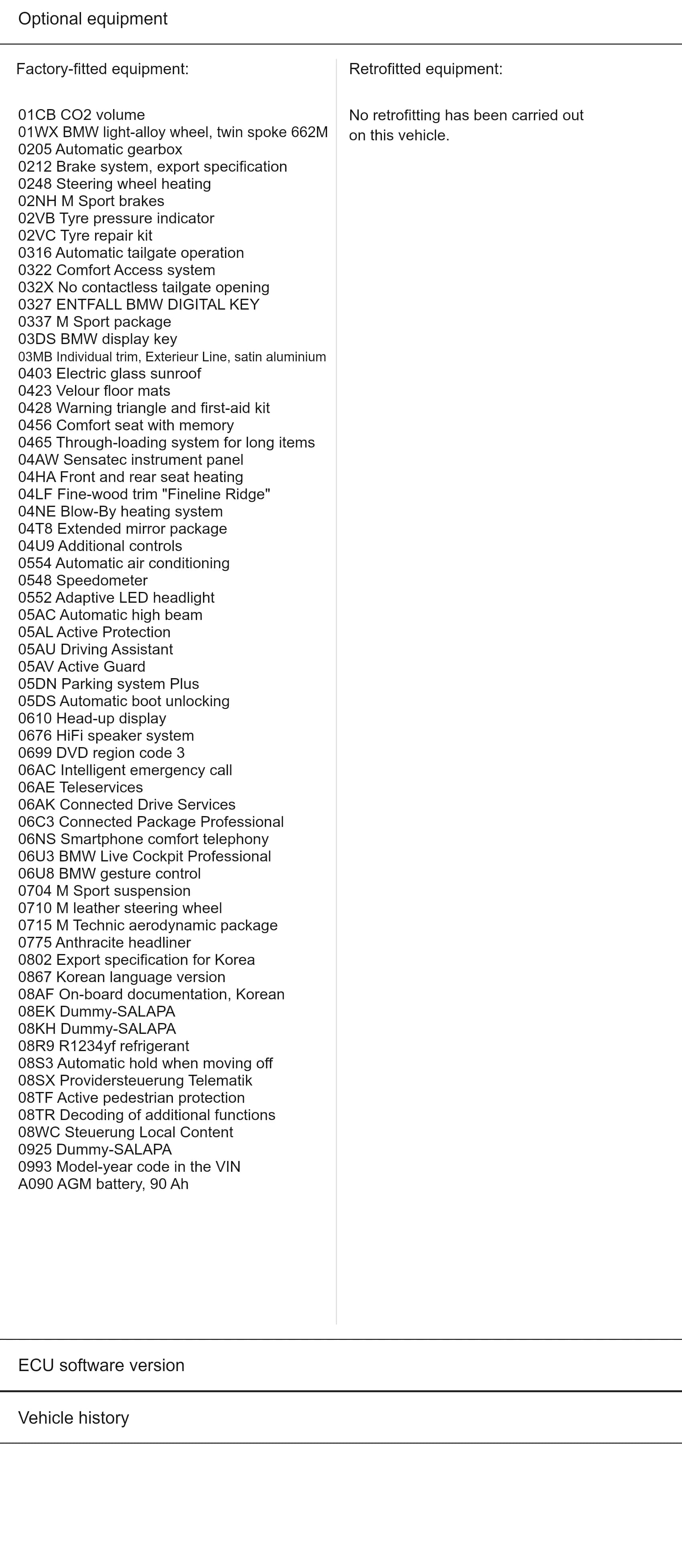 Factory equipment list of option codes covering wheels, brakes, seats, lighting, trim and driver assistance, beside an empty retrofit column.