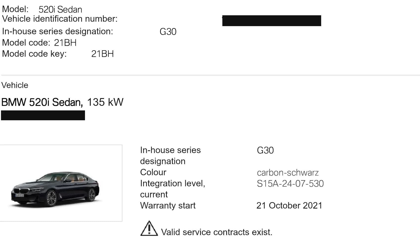 BMW aftersales report header for a 520i Sedan showing model code, series G30, factory colour and warranty start date, with the VIN masked.