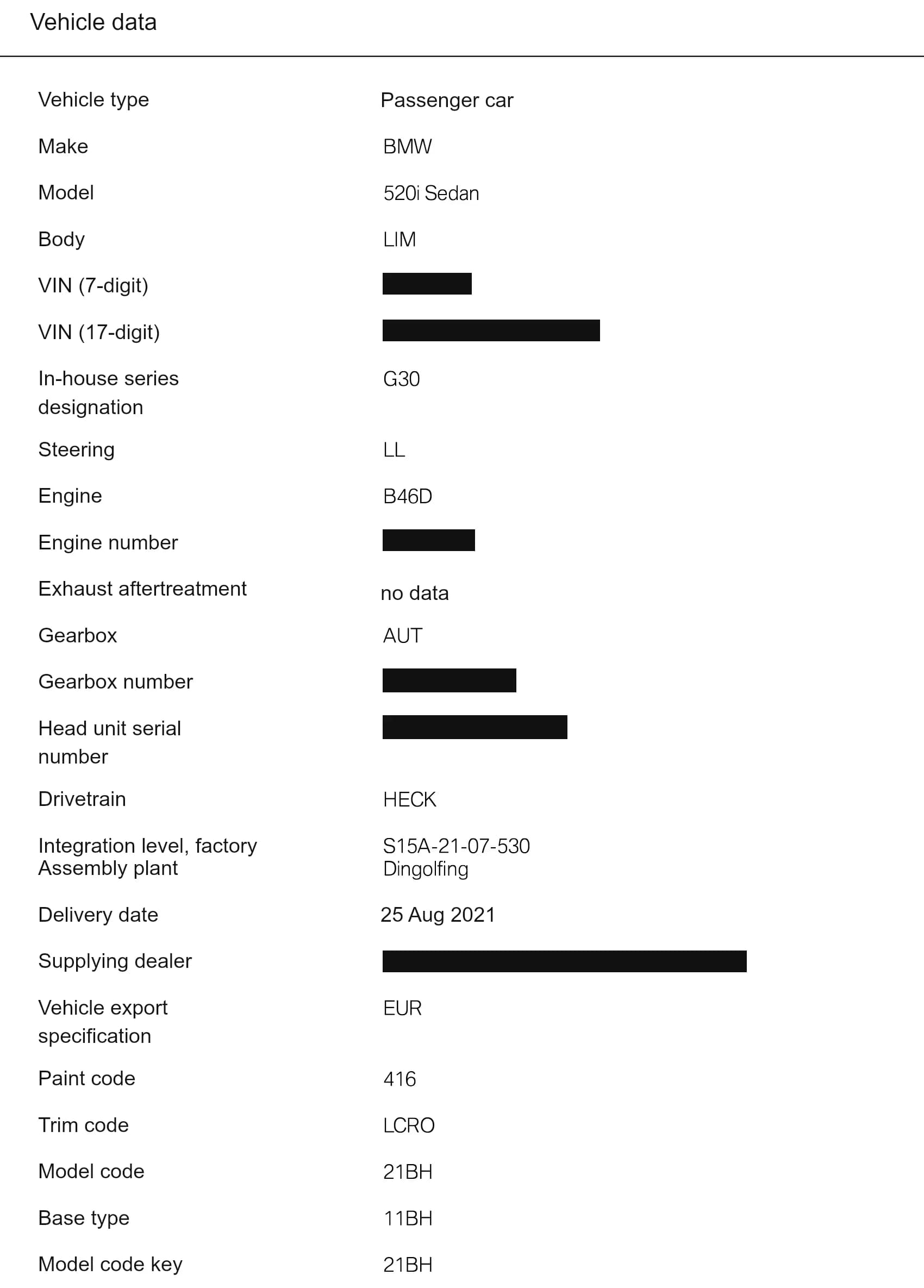 Vehicle data table listing type, make, model, body, engine, gearbox, drivetrain, paint and trim codes, assembly plant and delivery date, with serial numbers masked.