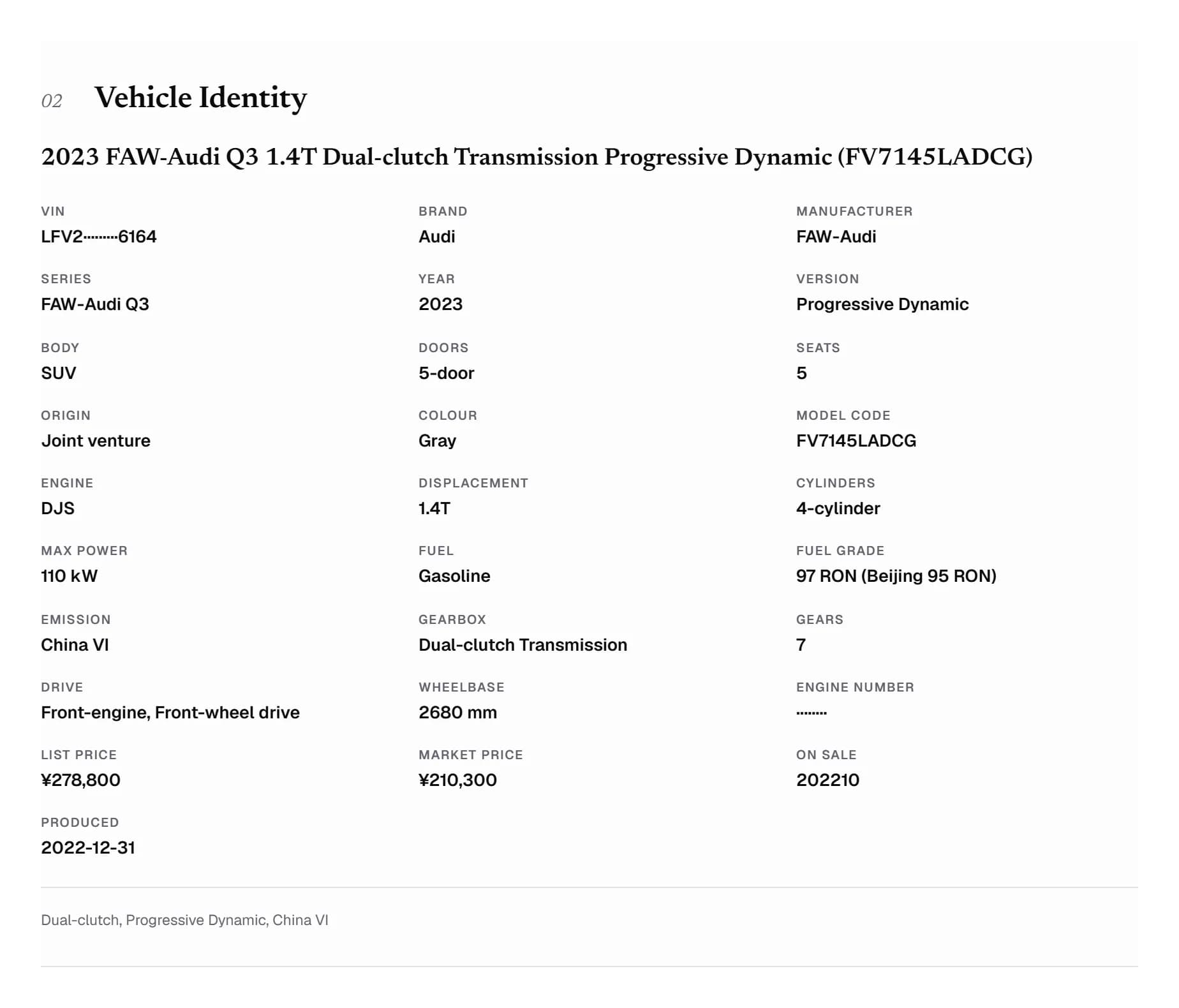 Vehicle Identity section for a 2023 FAW-Audi Q3, listing masked VIN, brand, series, body, engine, gearbox, emission standard, colour, list price and market price.