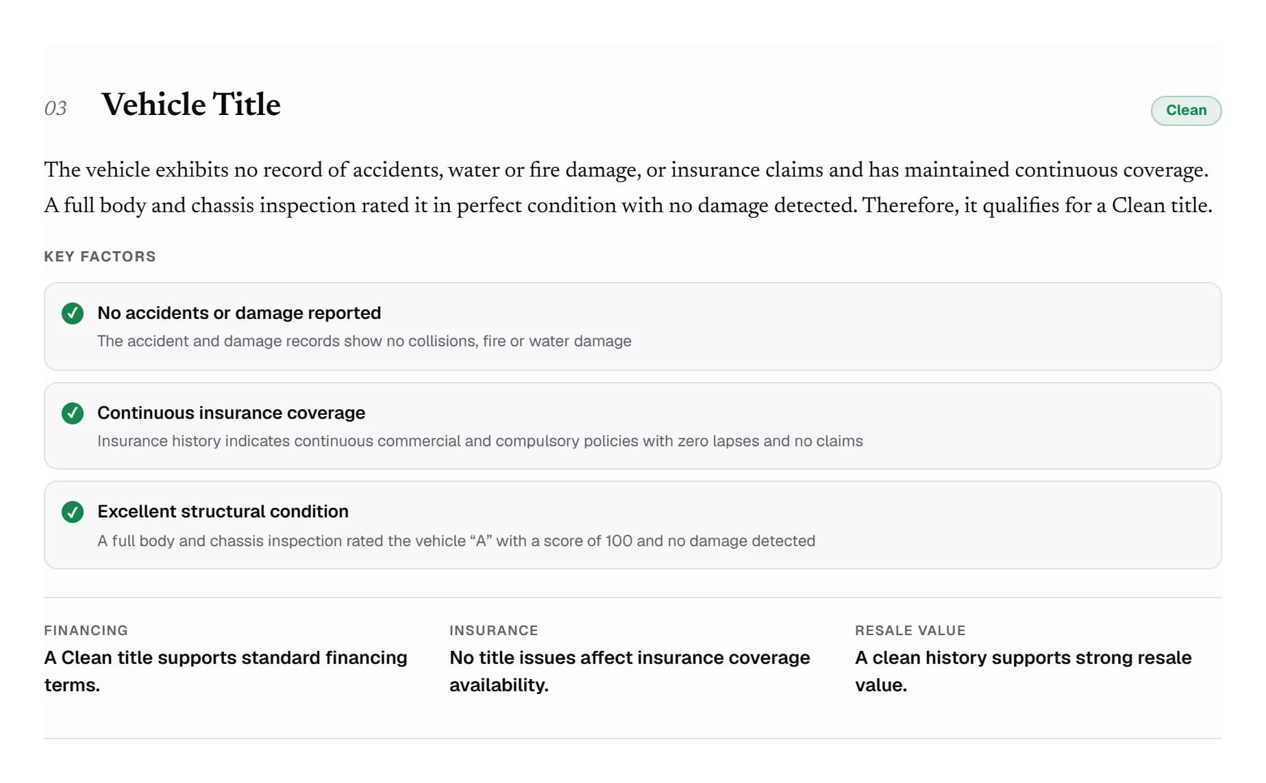 Vehicle Title section concluding a Clean title, with three supporting factors and notes on financing, insurance and resale value.