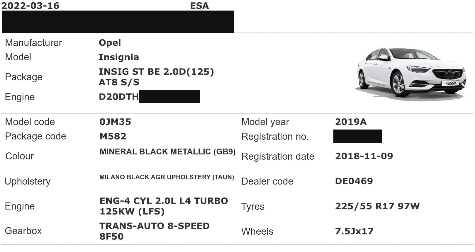 Manufacturer dating record for an Opel Insignia with masked identification number, engine serial and registration plate, showing model code, 2019A model year, registration date 2018-11-09, colour, engine and gearbox.