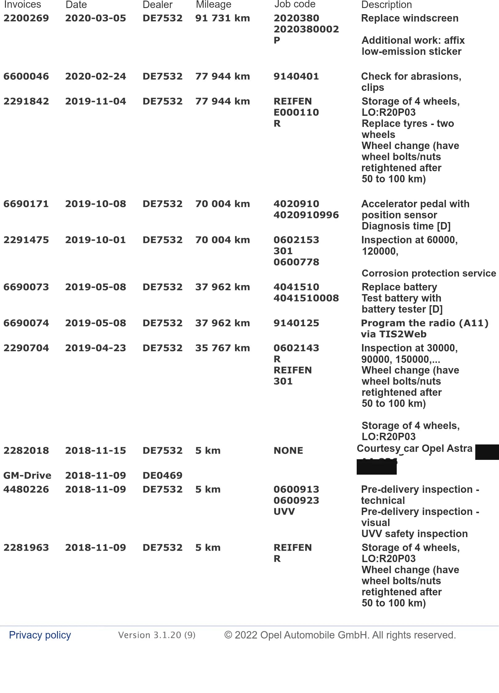 Dealer invoice table listing invoice number, date, workshop code, mileage and job codes, running from a 5 km delivery inspection in November 2018 to a windscreen replacement at 91,731 km in March 2020.