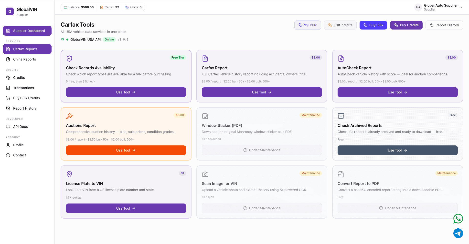 GlobalVIN Carfax Report Integration – detailed US vehicle history report