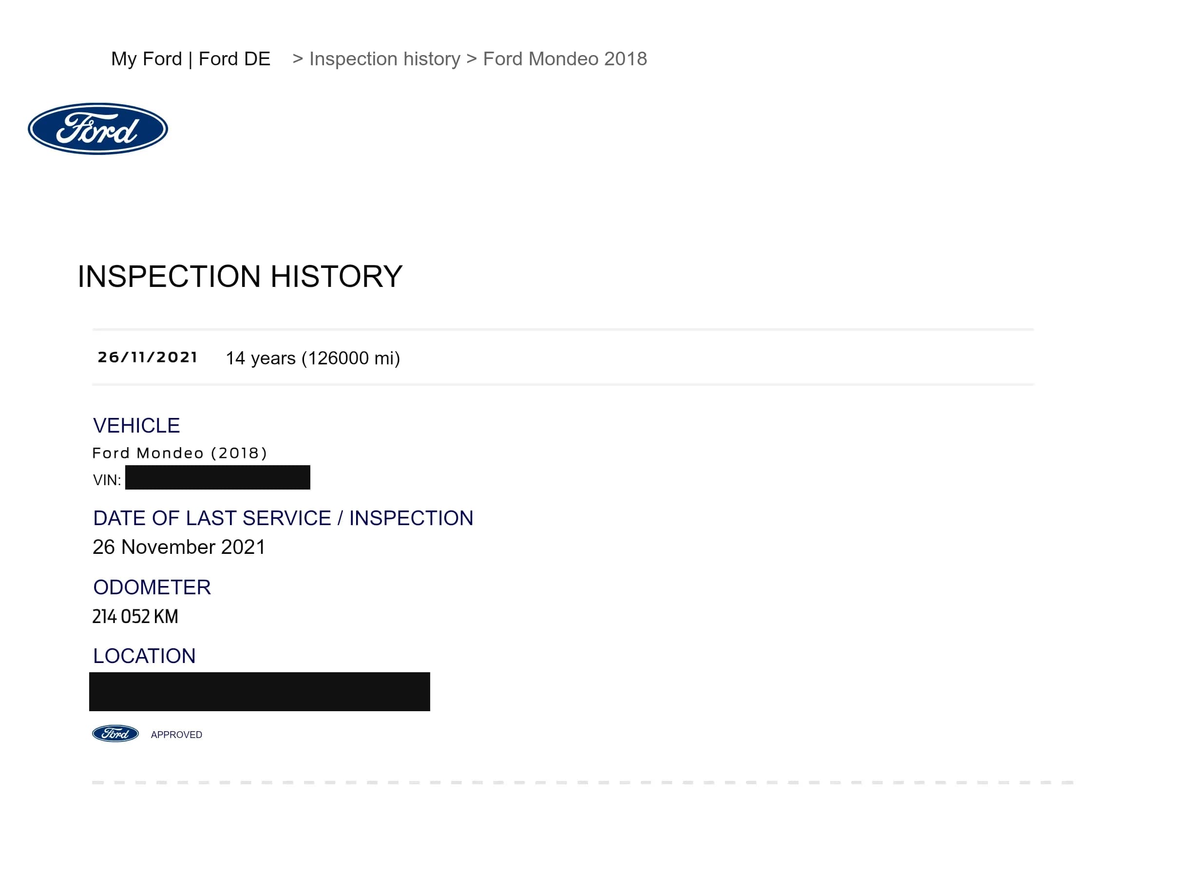 Ford inspection record for a 2018 Mondeo with masked chassis number, last inspection 26 November 2021, odometer 214,052 km, a masked workshop address and a Ford GENEHMIGT approval badge.