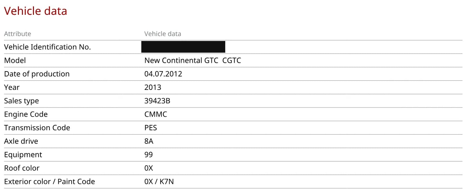 ELSA vehicle data table listing a masked identification number, model New Continental GTC, production date 04.07.2012, model year 2013, engine code CMMC, transmission code PES and paint code K7N.