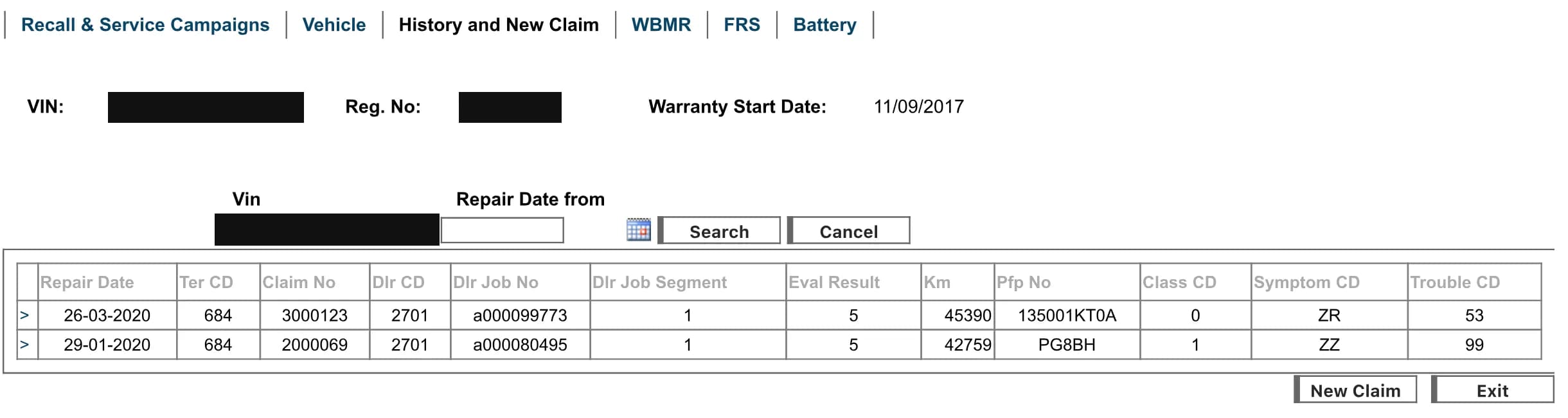 Warranty claim history screen listing two claims from January and March 2020 with claim numbers, dealer job numbers, mileage of 42,759 and 45,390 km, part numbers and symptom and trouble codes, above a masked VIN search field.