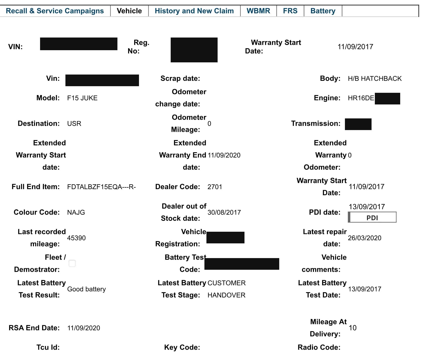 Manufacturer vehicle detail screen for a Nissan Juke with masked identification number, registration, engine serial, gearbox serial and battery test code, showing engine type HR16DE, body style hatchback, colour code, dealer code and last recorded mileage 45,390.