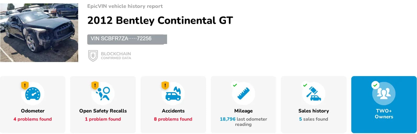 EpicVIN report header for a 2012 Bentley Continental GT with a masked VIN, above six summary tiles reporting four odometer problems, one open recall, eight accidents, an 18,796 mile last reading, five sales and two or more owners.