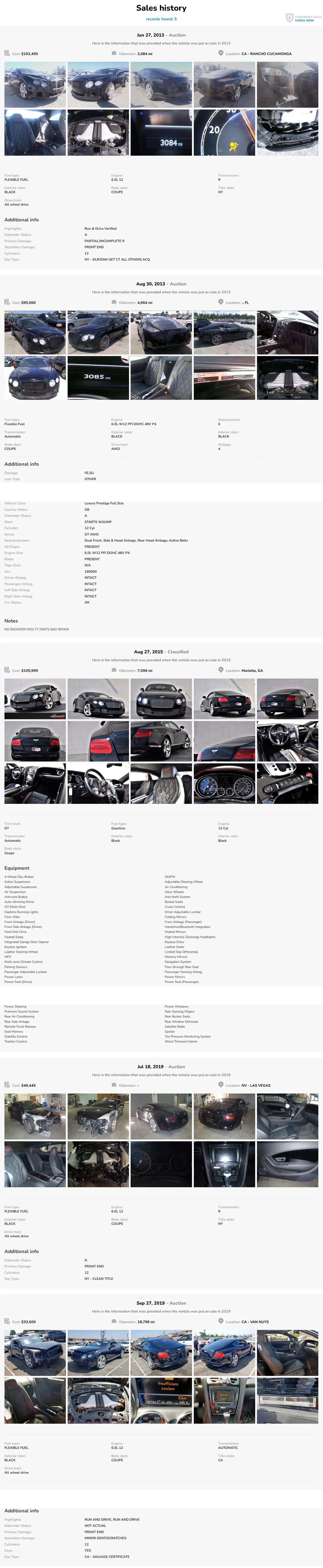 Sales history of five listings between 2013 and 2019, each with asking price, odometer, location, photographs from the seller, full specification, equipment list and additional notes.