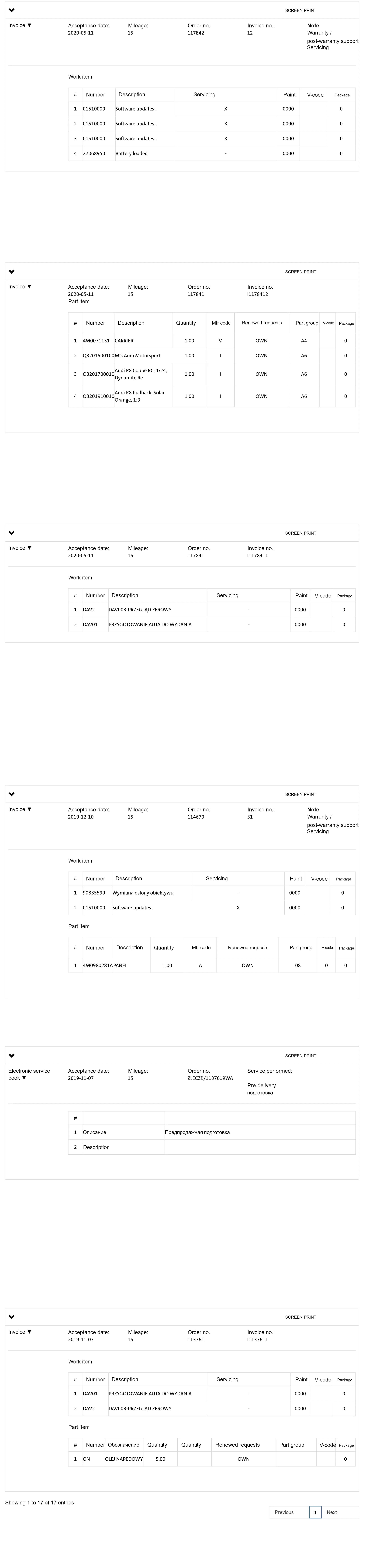 The earliest workshop records in the file, running back towards the vehicle's first dealer visits, each itemised by part number and work position.