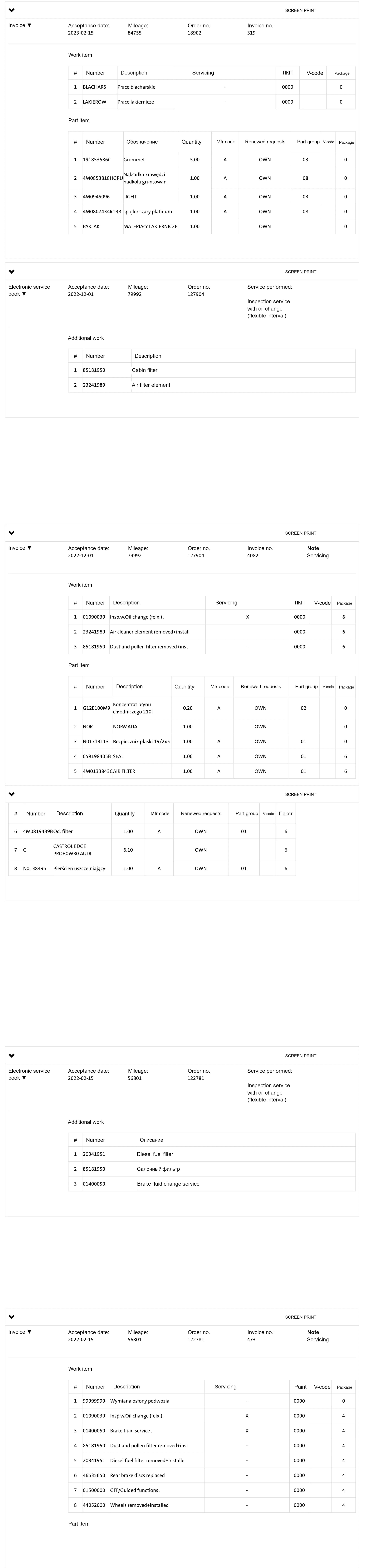 Consecutive workshop records, each with acceptance date, mileage, order reference and a table of the parts and work positions logged at that visit.
