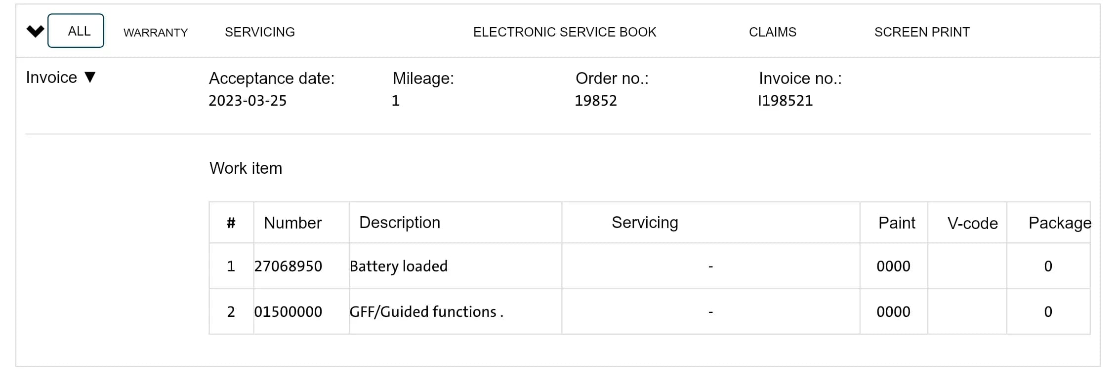 A single workshop invoice showing filter tabs, acceptance date 2023-03-25, mileage, order and invoice numbers, and a work-position table listing part numbers such as 27068950 Battery loaded.