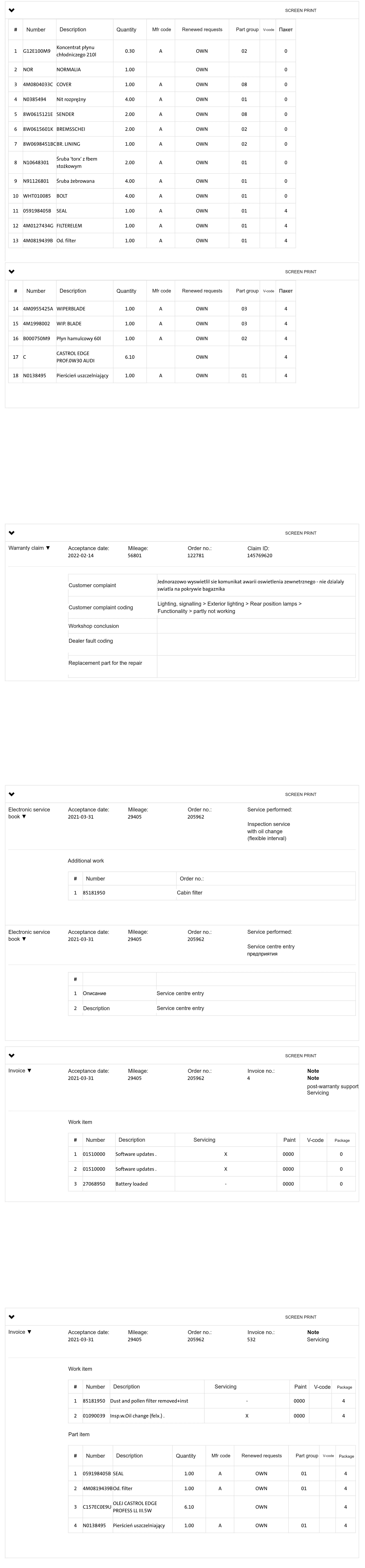 Electronic service book entries recording inspection type, mileage, order number, additional work such as a cabin filter replacement, and workshop notes.