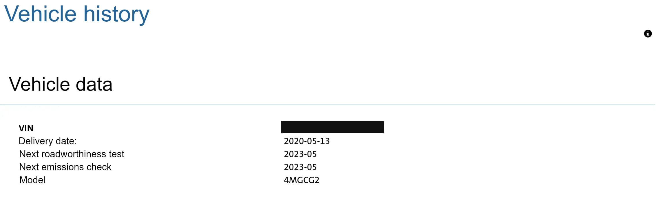 Vehicle data panel listing a masked chassis number, delivery date 2020-05-13, next roadworthiness and emissions check dates, and model code 4MGCG2.
