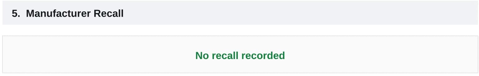 Manufacturer recall section reporting no recall recorded.