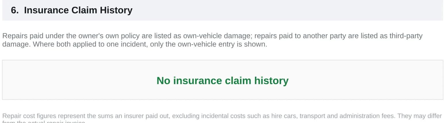 Insurance claim history reporting no claims found for this vehicle.
