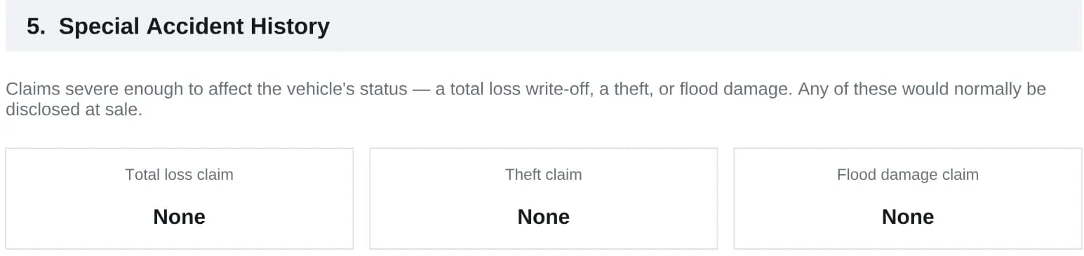 Special accident history showing no total loss, theft or flood damage claim.