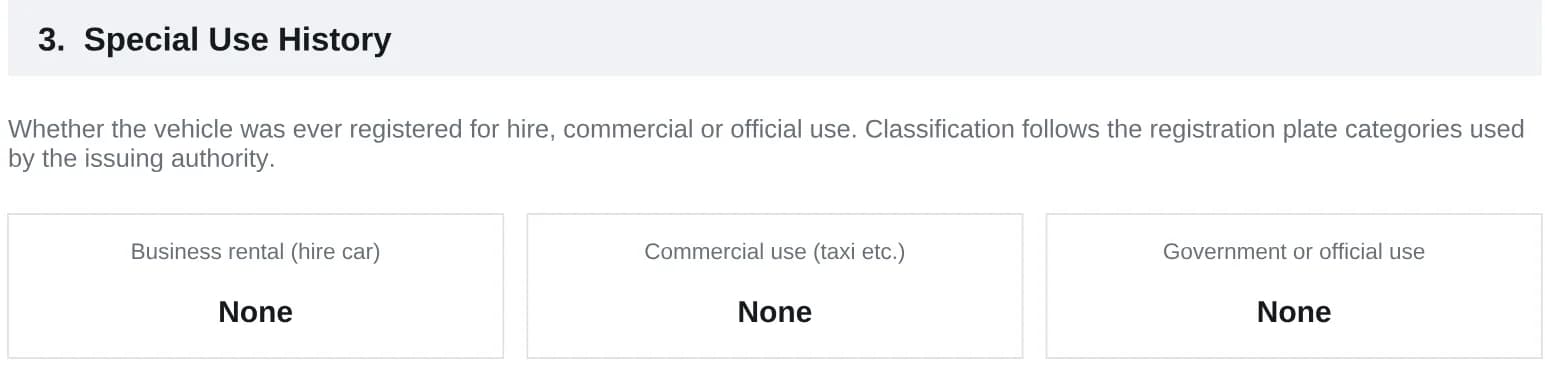 Special use history showing no business rental, commercial or government use.
