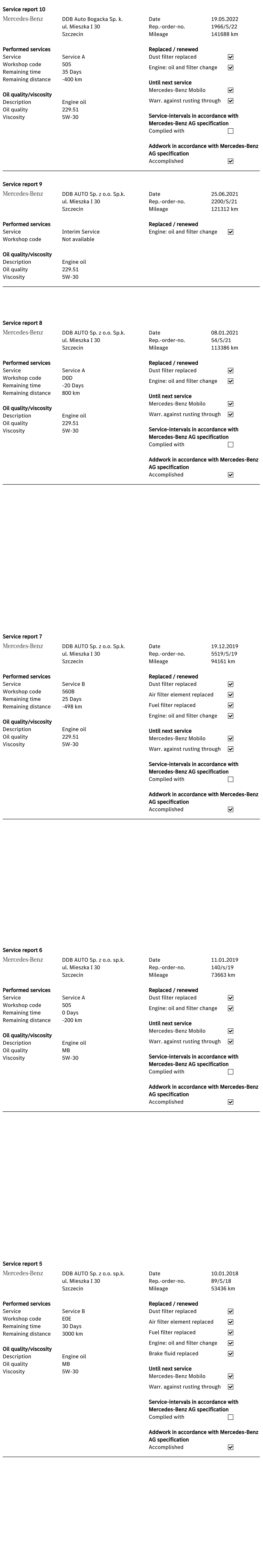 Mercedes service history listing consecutive dated workshop visits with servicing dealer, repair order number, mileage, service type and the work carried out.