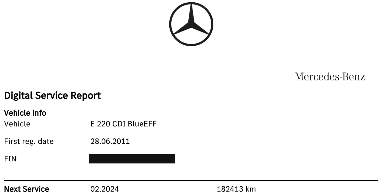 Mercedes-Benz Digital Service Report header for an E 220 CDI BlueEFFICIENCY first registered in June 2011, with the identification number masked and the next service due at 182,413 km.