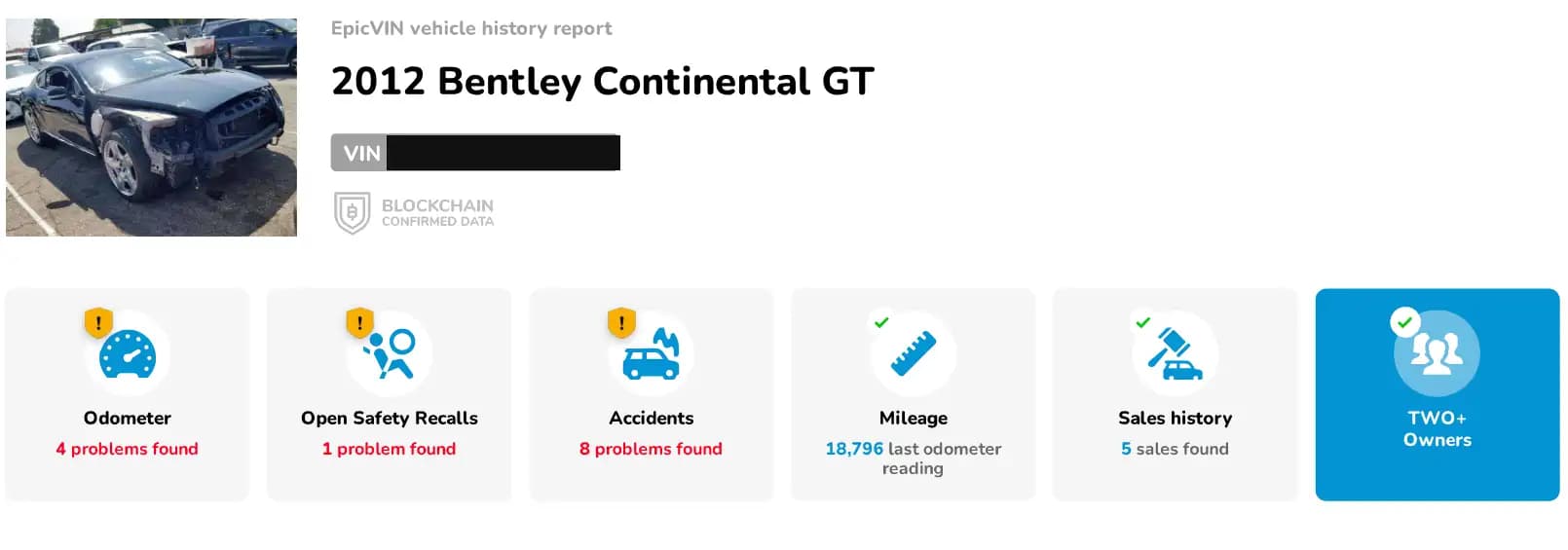 Report header for a 2012 Bentley Continental GT with a masked VIN and a photograph of the damaged car, above six summary tiles reporting odometer, recall, accident, mileage, sales and owner findings.