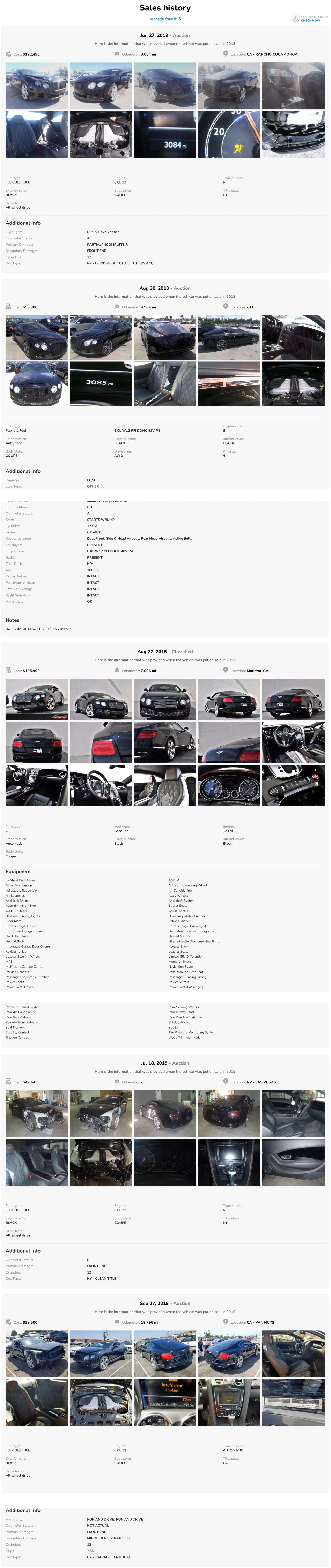 Sales history entries, each with sale date, cost, odometer and location above ten auction photographs of the car, followed by fuel type, engine, colour and damage details.
