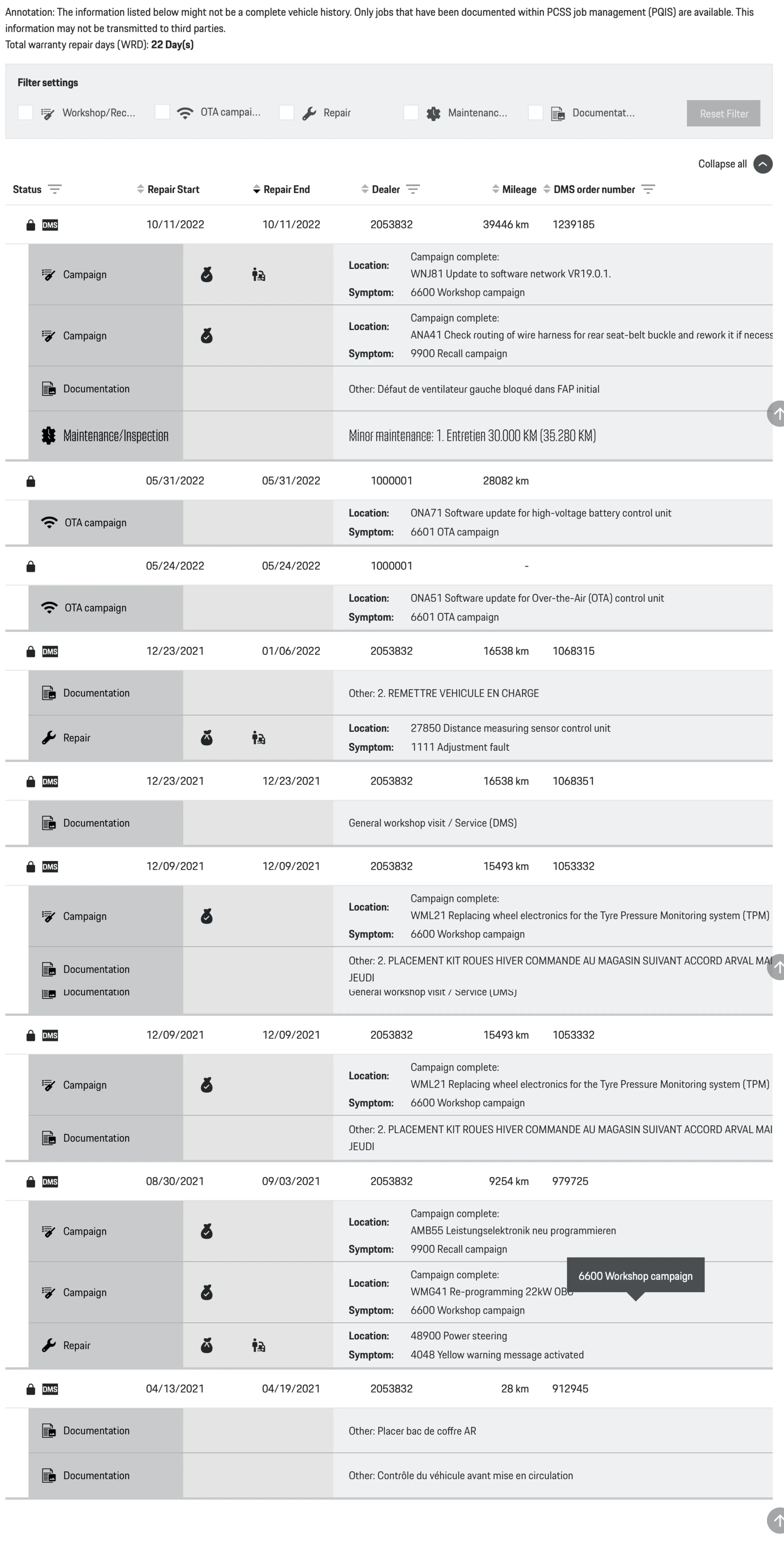 Workshop history table listing documented jobs with repair dates, dealer, mileage and order numbers, each expanded into campaign, repair, maintenance and documentation entries.