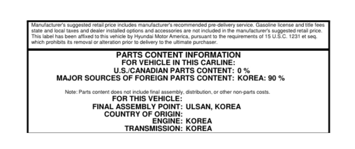 Parts Content Information panel showing 0 percent US and Canadian parts content, 90 percent from Korea, final assembly in Ulsan, Korea, and Korean engine and transmission.